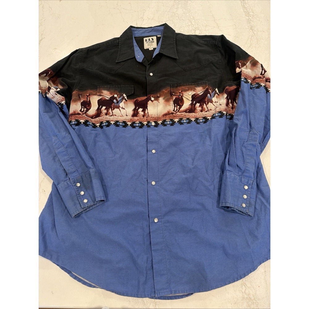 Mens ELY Cattlemen western snap Shirt XL horses 100% cotton Cowboy